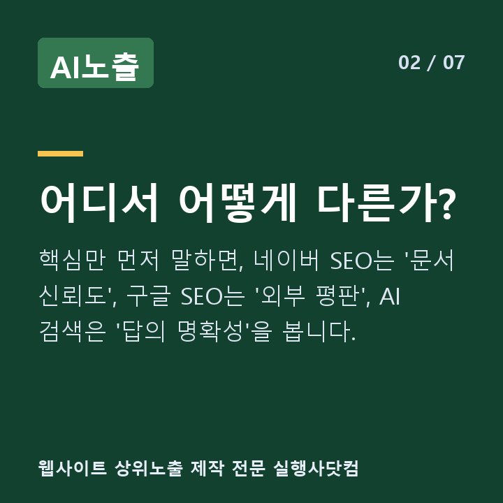 AI노출 어디서 어떻게 다른가? — 핵심만 먼저 말하면, 네이버 SEO는 '문서 신뢰도', 구글 SEO는 '외부 평판', AI 검색은 '답의 명확성'을 봅니다.