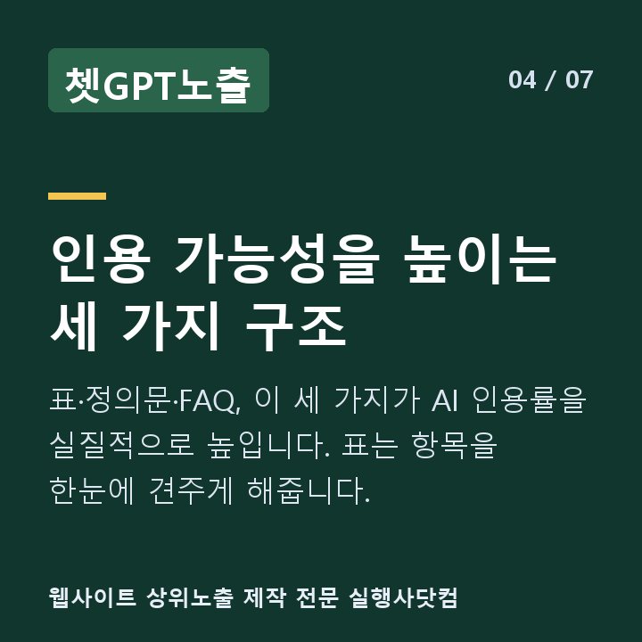쳇GPT노출 인용 가능성을 높이는 세 가지 구조 — 표·정의문·FAQ, 이 세 가지가 AI 인용률을 실질적으로 높입니다. 표는 항목을 한눈에 견주게 해줍니다.