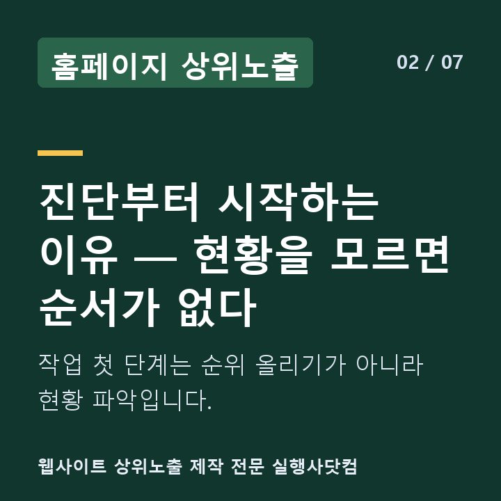 홈페이지 상위노출 진단부터 시작하는 이유 — 현황을 모르면 순서가 없다 — 작업 첫 단계는 순위 올리기가 아니라 현황 파악입니다.