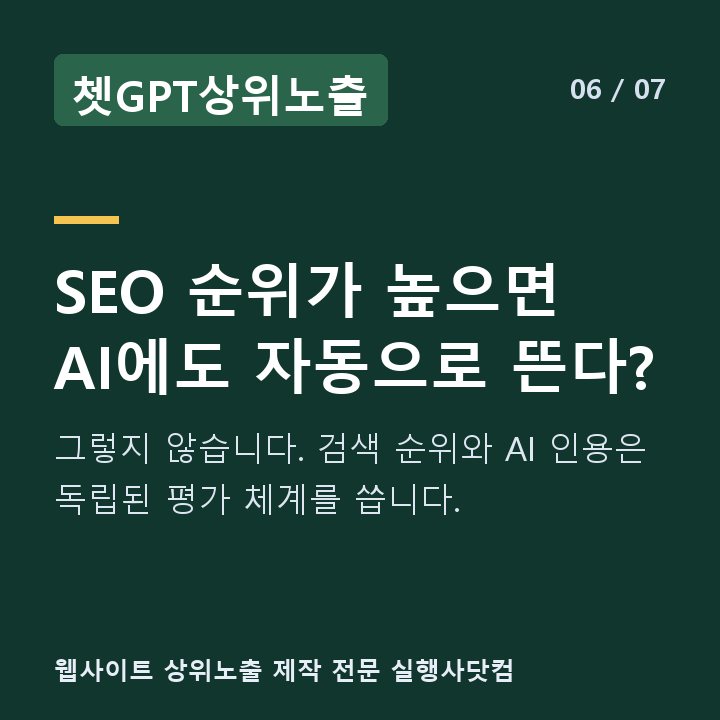 쳇GPT상위노출 SEO 순위가 높으면 AI에도 자동으로 뜬다? — 그렇지 않습니다. 검색 순위와 AI 인용은 독립된 평가 체계를 씁니다.